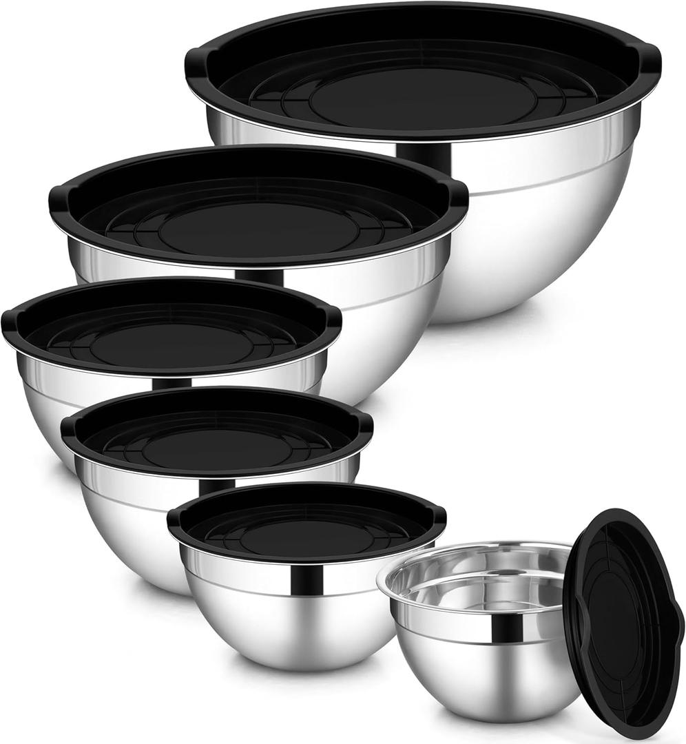 LIANYU 6 PCS Stainless Steel Mixing Bowls with Lids Set, Large Size 7, 3.5, 2.5, 2, 1.5, 1QT, Kitchen Nesting Metal Bowl Sets, Ideal for Baking Cooking Serving Food Storage, Dishwasher Safe, Black