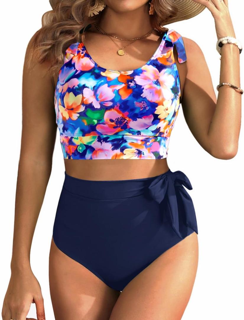 Two Piece High Waisted Swimsuits - Women Tummy Control Bikini Modest Bathing Suit 2PC 2025 (Large, Colorblock Floral)
