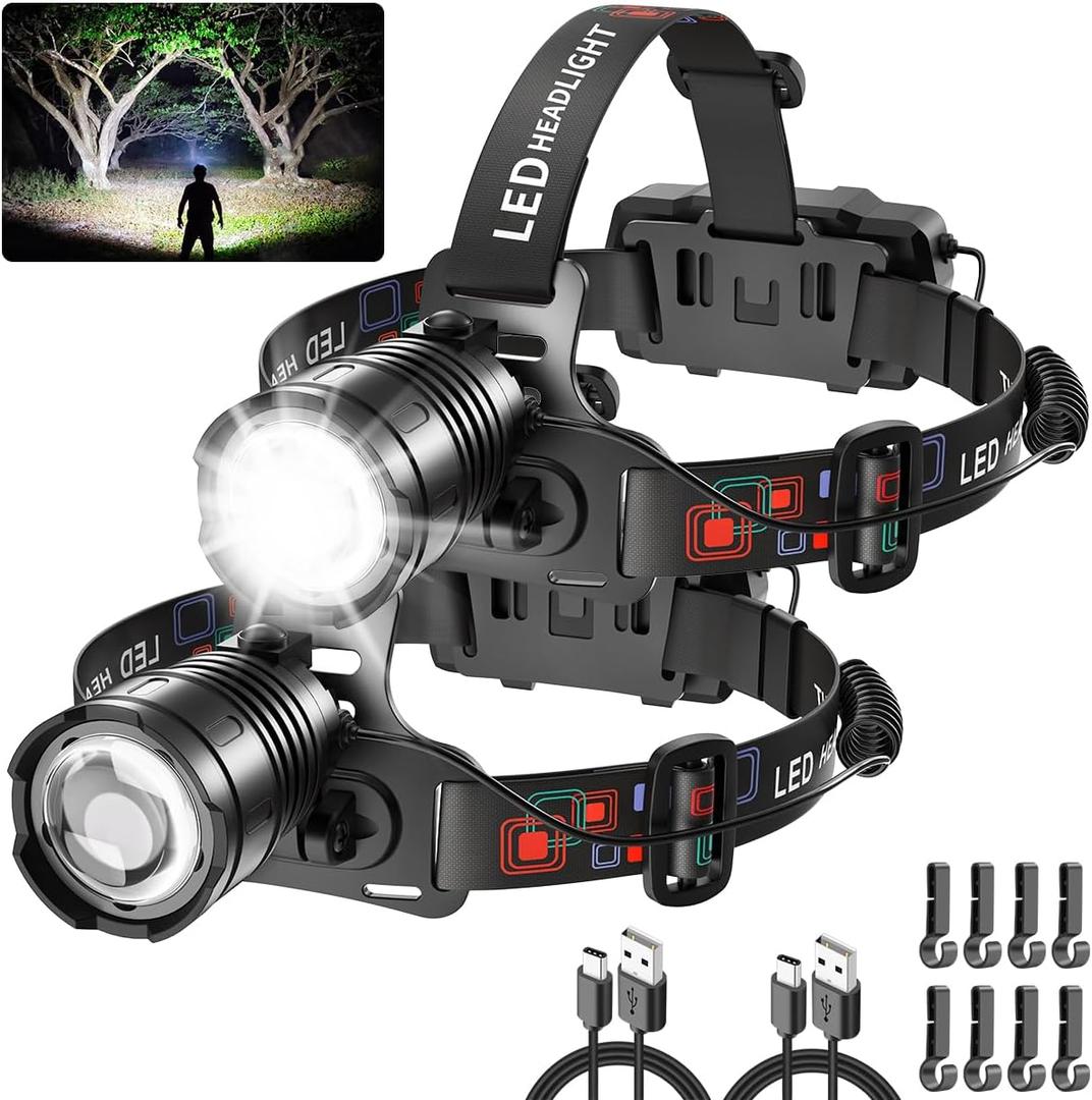 High Lumen Rechargeable Headlamp, Super Bright Head Lamp, 90Angle Head Lights for Forehead, Adjustable Focus Headlight, 4Mode LED Headlamp Rechargeable, Headlamps for Adults Hard Hat Camping (2Pack)