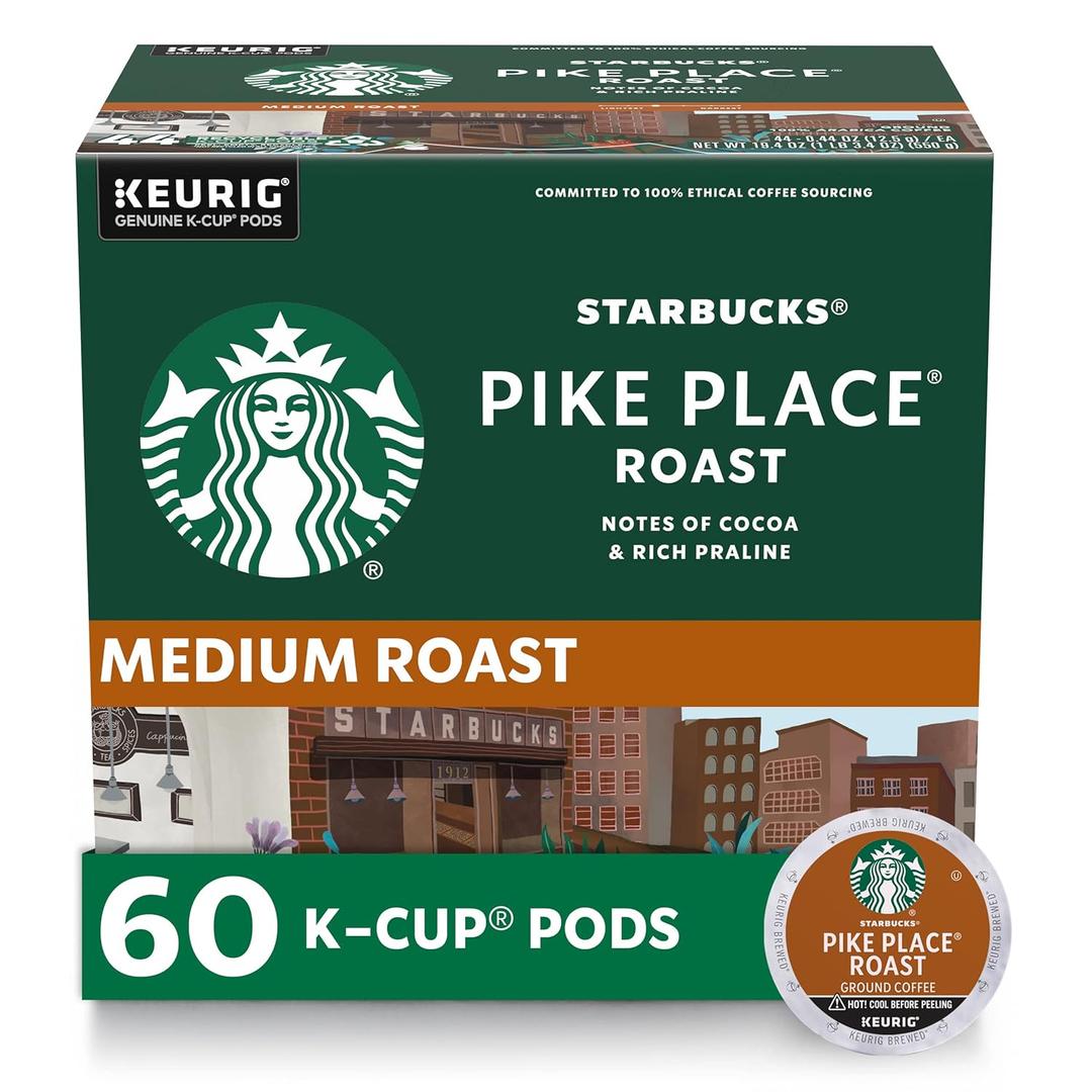 Starbucks K-Cup Coffee Pods, Medium Roast Hot or Iced Coffee, Pike Place Roast, 60 Keurig Pods (EXP 08/19/26)