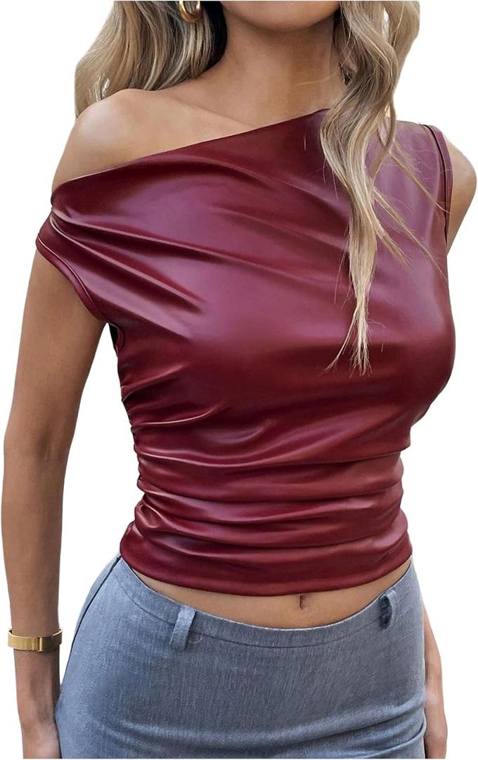 Women's Off Shoulder PU Leather Tank Top Sleeveless Slim Fit Crop Tops Elegant Y2K Clubwear (Red)
