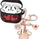 (with Cute Keychain) Girovo Compatible with Apple Airpods 4 Case 2024 Women, Soft Silicone Two-Tone Funny Cartoon Engraved Portable 360 Full Protection Anti-Scratch Air pod 4 Case Black/Red