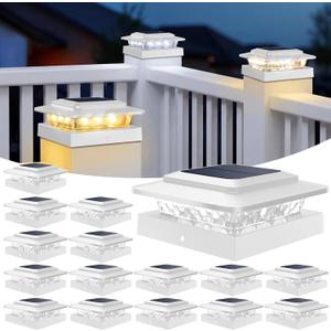 kolpop 4x4 Solar Post Cap Lights Outdoor 16Pack- 3 Color Temperatures&2 Level Brightness, IP65 Waterproof, 16 LED Fence Deck Post Light Solar Powered Only for 44/3.53.5 Wood/Vinyl Posts(White)