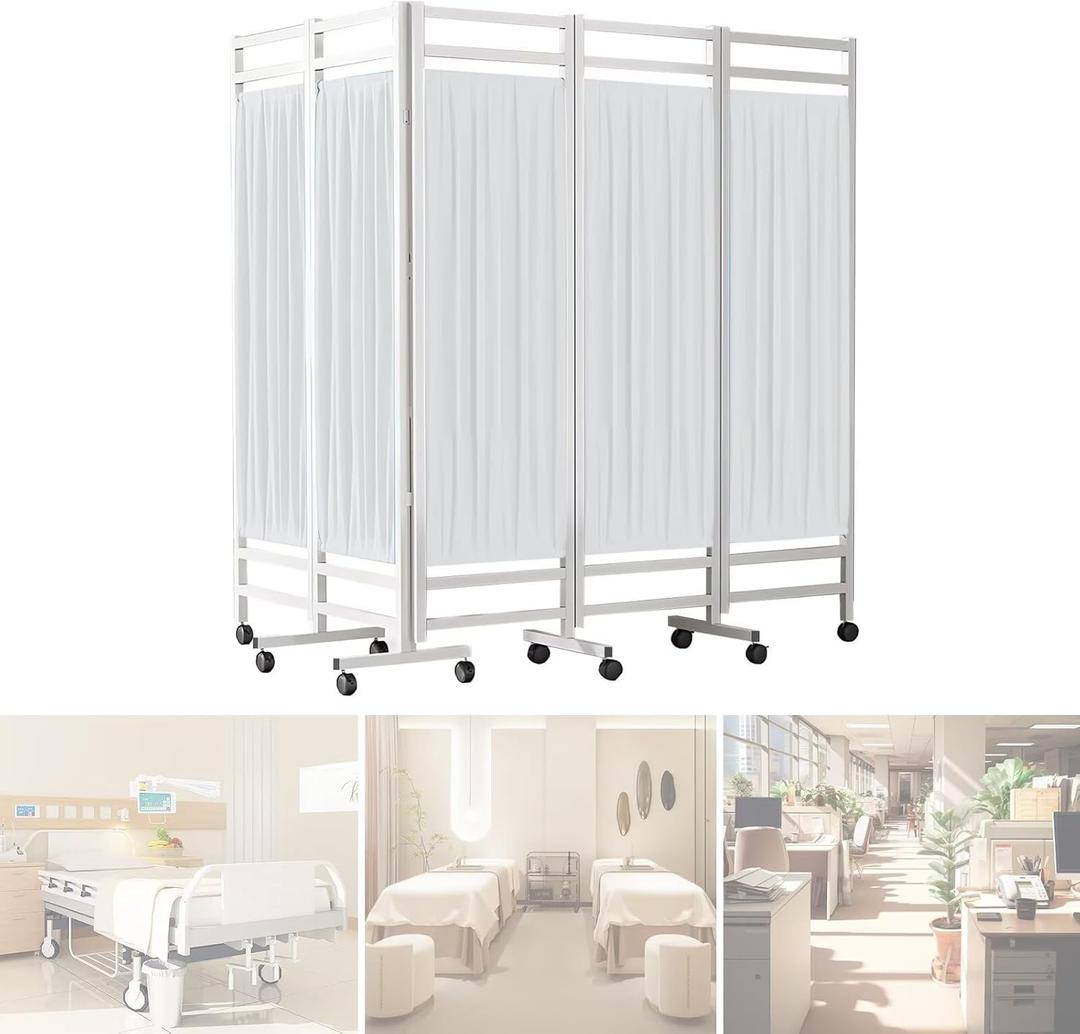 Medical Privacy Screen on Wheels, Foldable Medical Room Divider with Lockable casters, Waterproof Nylon Panel, Portable Privacy Screen for Room, Easy to Clean (White 5 Panels)