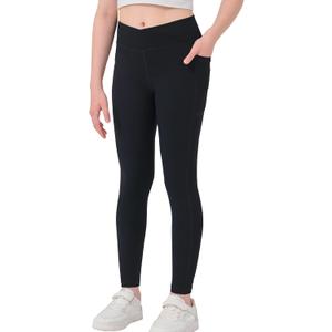 Girls Crossover Yoga Pants, Kids Athletic Leggings with Pockets, Teen Girls Dance Running Workout Leggings (Medium, Black)