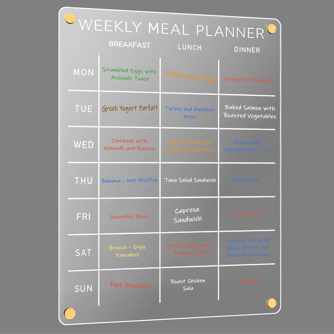 Acrylic Weekly Meal Planner  Clear Magnetic Dry Erase Menu Board for Fridge, Refrigerator Calendar & Grocery List Board