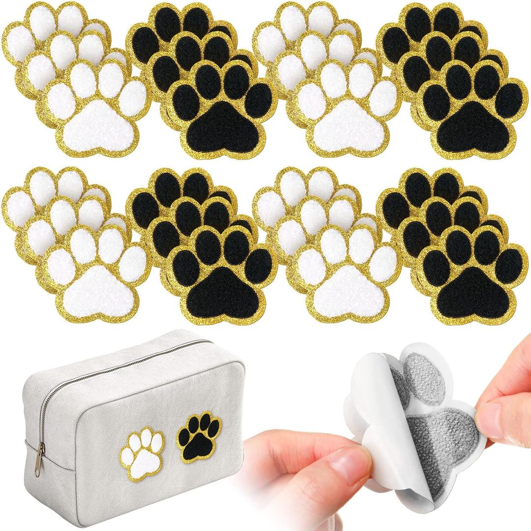 Jexine 24 Pcs Paw Print Chenille Patches Self-Adhesive Stick-on Embroidered Patches Stickers for Clothing Bag Hat Backpack Jean Gift for Animal Birthday Party(White, Black with Gold Edge)