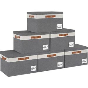 GhvyenntteS 6 Pack Fabric Storage Bins with Lid, Large Closet Storage Bins with Lid and 3 PU Handles, Foldable Fabric Storage Boxes with Label Window for Home Bedroom Office (Grey, Large)