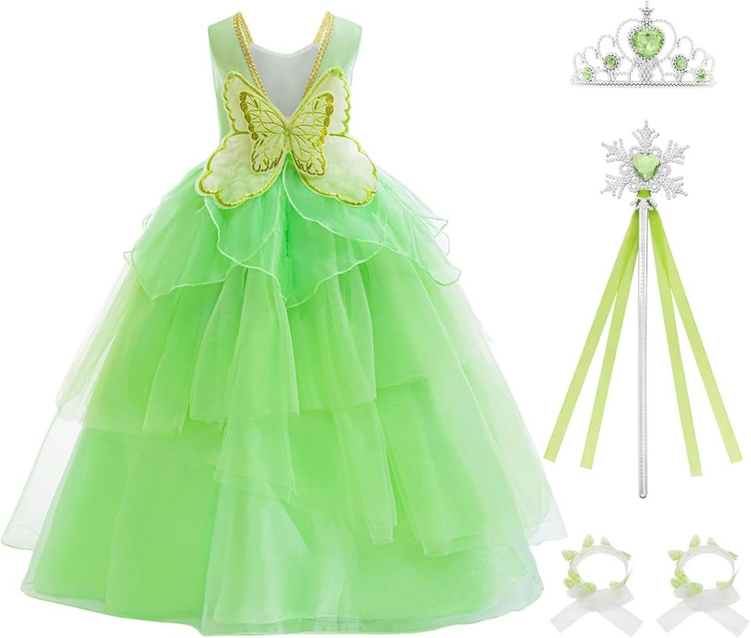 Princess Costumes for Girls Kids Princess Fairy Fancy Green Wings Dress with Wand Halloween Cosplay Birthday Party (9-10 Years)