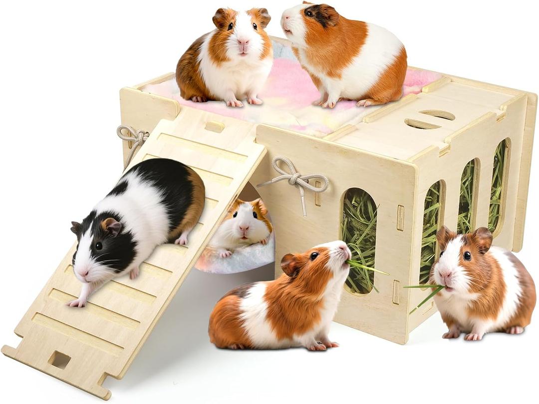 4 in 1 Upgraded Guinea Pig Hideout, Large Guinea Pig Castle with Hay Feeder, Hammock, House and Ramp, Easy to Assemble Wooden Guinea Pigs Toy for Chinchilla Rabbit Guinea Pigs Accessories