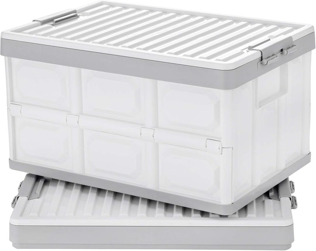 Collapsible Storage Bins with Lids 30L, Folding Plastic Stackable Utility Crates 2-Pack, Durable Containers for Home & Garage Organization - Oyster White