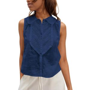 Womens Boho Lace Trim Tank Tops Summer Sleeveless Ruffle Collar Loose Button Down Sheer Beach Shirts Blouse Top 2025 Navy, Small (Navy)