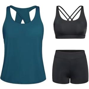 Tempt Me 3 Piece Tankini Swimsuits for Women Athletic Bathing Suits Swim Tank Top with Boy Shorts and Bra Modest Swimwear, XS