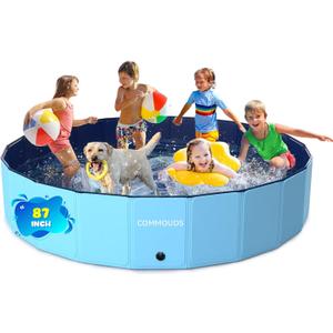 COMMOUDS 87Inch Foldable Dog Pool, Ectra Large Hard Plastic Dog Kiddie Swimming Pool, Collapsible Pet Bath Tub Wading Pools for Kids and Puppy Small Medium Large Dogs(87inch.D x 16inch.H)