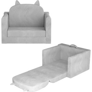 Kids Sofa Bed with Removable Washable Cover & Backrest Foldable Toddler Chair, Cozy Crystal Velvet Furniture for Playtime, Naps & Travel (Gray, Bear Design)