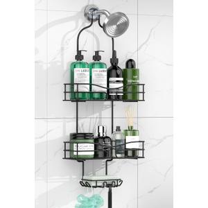 Bathroom Shower Caddy Hanging - 3-Tier Organizer with Soap Holder & 6 Hooks for Towels, Sponge; Fits 21mm Shower Head Arm, Black