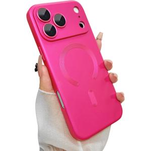 Magnetic for iPhone 17 Pro Max Case, with Camera Lens Protector, Compatible with Magnetic, Slim Shockproof Bumper Soft Silicone Metallic Luster Phone Case for iPhone 17 Pro Max, Hot Pink