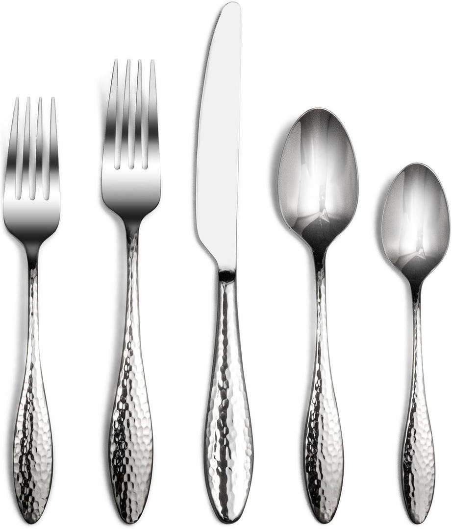 Alata Emma 40-Piece 18/10 Silverware Set, Hammered Flatware Set, Heavy Duty Stainless Steel Cutlery Set, Modern Kitchen Utensils, Dinnerware Sets Service for 8, Mirror Polished & Dishwasher Safe
