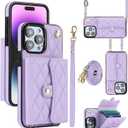 XIZYO for iPhone 15 Pro Case, Wallet Cute Leather Case with Card Holder Crossbody Cover for Women Girls Strap Wristlet RFID Blocking Shockproof Protective Cover, Purple