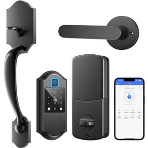 Smart Front Door Lock with Fingerprints, 2 Keys & 4 Cards, Front Door Lock Set Keyless Entry, Smart Locks for Front Door, Keypad Deadbolt with Handle, APP Control, Auto Lock, Matte Black