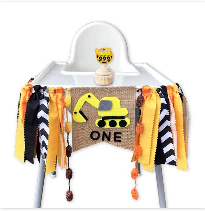 Construction Themed Highchair Banner for First Birthday Smash Cake Photo Shoot,Party Supplies and Decorations for Baby Boy's 1st Year Bday,Chair Garland for Picture Backdrop,Pre-assembles No Need DIY