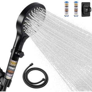 Filtered Handheld Shower Head with Hose and Holder, 5.1" Large High Pressure Shower Wand with 2 Extra Filters, Matte Black Showerhead Set for Hard Water, 3 Spray Modes & One-Key Pause