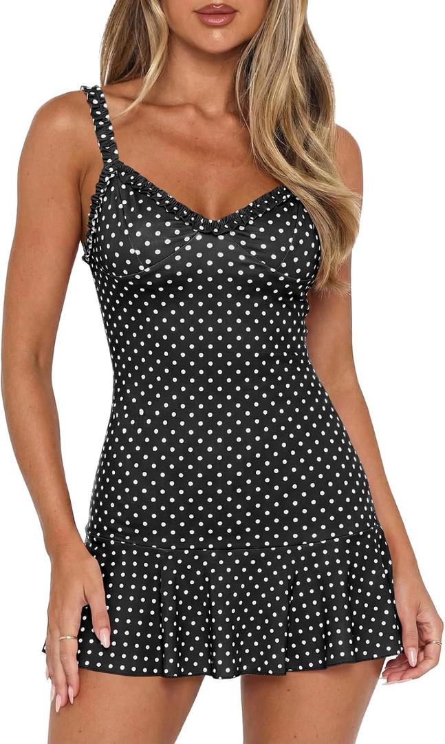 Wenrine Womens Polka Dot Mini Dress Spaghetti Strap Summer Dresses (M)