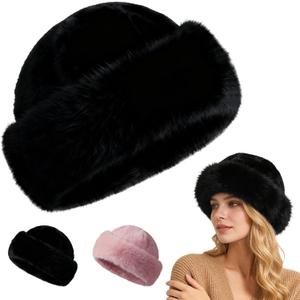 Womens Winter Faux Fur Bucket Hat, Winter Plush Fluffy Furry Faux Mink Hats, Warm Thickened Fisherman Cap Warm Cute