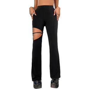 OYOANGLE Women's Bootcut Flare Leg Pants High Waisted Cut Out Y2K Fitting Trousers (Large, Black)