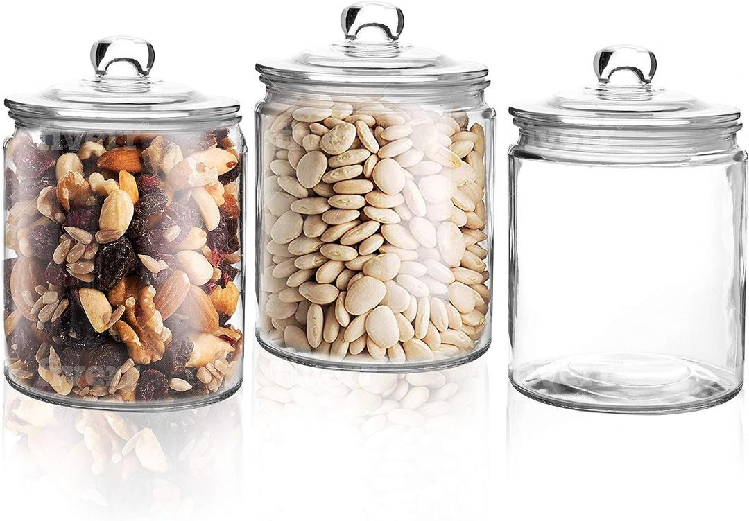 Set of 3 Glass Jar with Lid 1 Liter | Airtight Glass Storage Container for Food, Pasta, Coffee, Candy, Dog Treats, Snacks | Glass Organization Canisters for Home & Kitchen | 34 Ounces