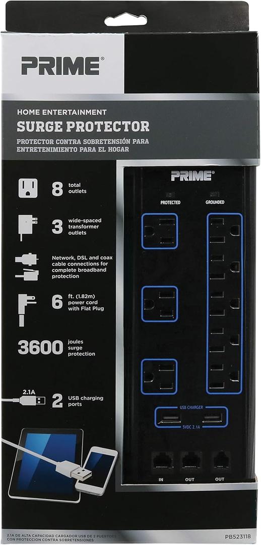 Prime Wire & Cable Prime Wire PB523118 8-Outlet Premium Electronics Surge Protector with 14/3 SJT 6 Foot Cord, Black