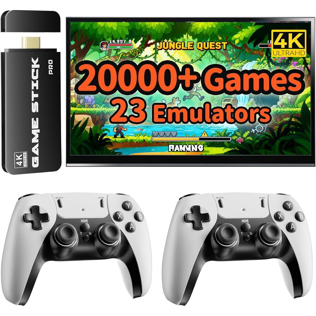 FCHOZY 2026 Upgraded Retro Gaming Console, Classic Video Games with 4K HDMI, 20,000+ Games and 23 Emulators, Nostalgia Game Stick Pro, Upgraded Dual 2.4G Wireless Controllers 64GB (White)