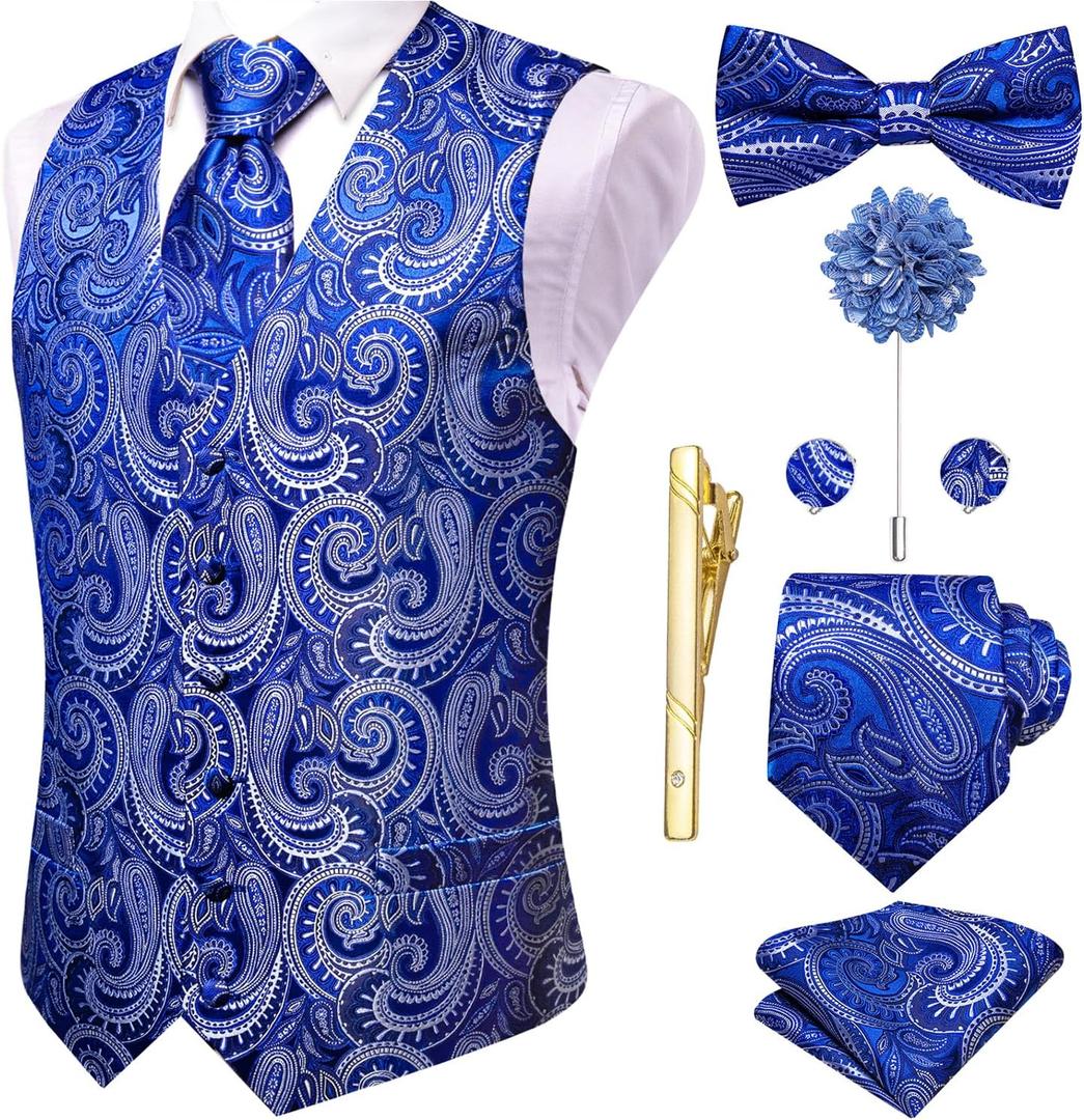 Hi-Tie Silk Mens Suit Vest Tie and Bowtie Lapel Pin Gold Tie Clip Paisley Floral Waistcoat 8PCS Set Tuxedo Wedding Party (Blue)