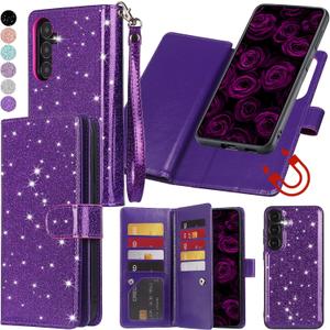 Varikke for Samsung Galaxy S24 Wallet Case Detachable with RFID Blocking Card Holder for Women, Fashion PU Glitter Leather Strap Magnetic Flip Wallet Removable Case for Galaxy S24 6.2", Dark Purple