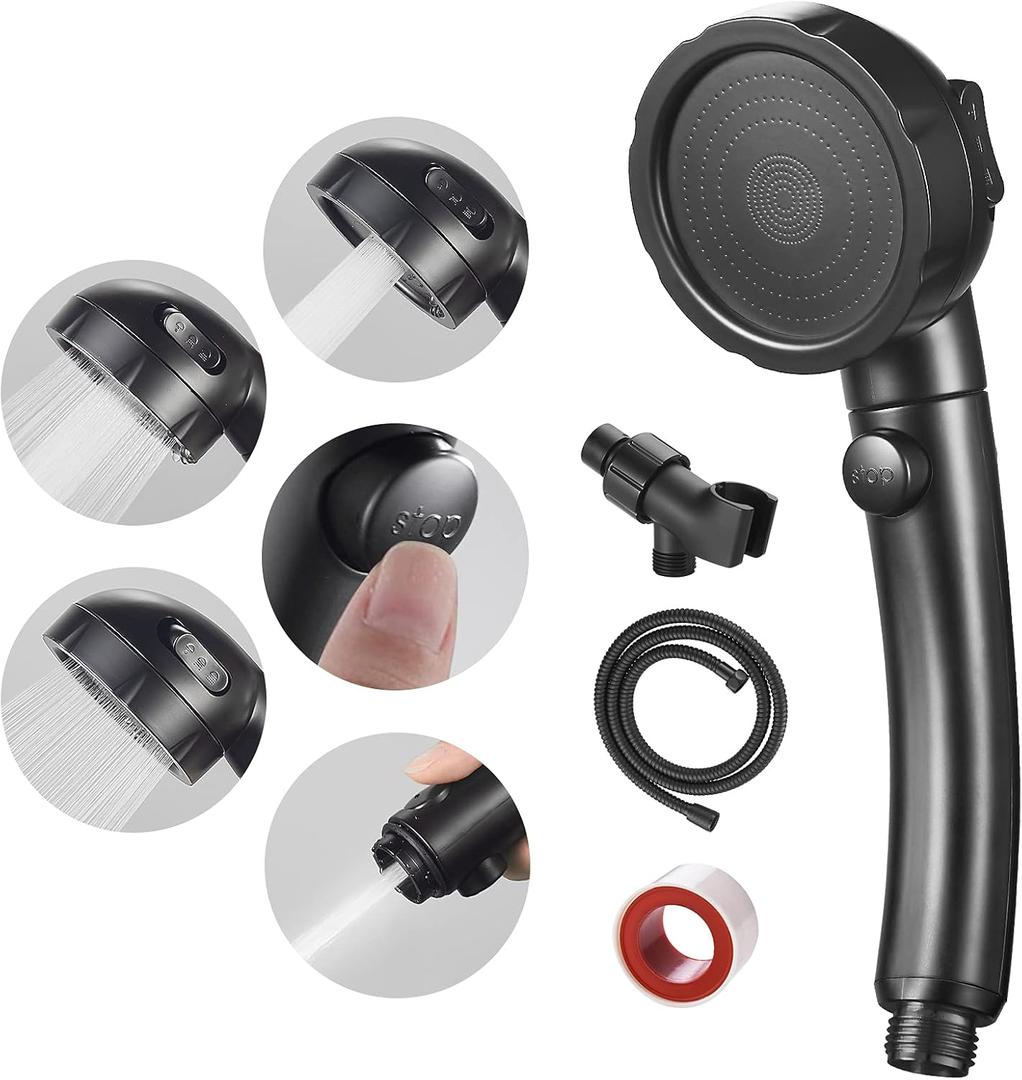 SINGSUO High Pressure Handheld Shower Head with On Off Switch, Detachable Shower Head, 3 Spray Modes Shower Massager Handheld with Hose and Adjustable Angle Bracket (Black)