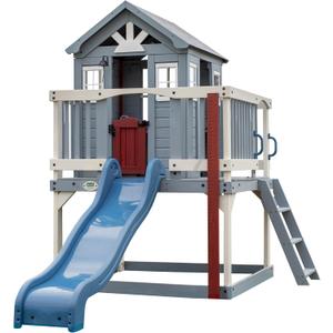 Backyard Discovery Beacon Heights Elevated Cedar Wooden Kids Playhouse with Wave Slide, Play Kitchen, Wrap-Around Deck, Flat-Step Ladder, Half Door, Windows, Bell, and Growth Chart for Outdoor Play (Blue)