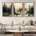 Framed Forest Landscape Wall Art for Living Room, Large 3 Piece Misty Pine Tree Nature Scenic Artwork for Walls, Rustic Woodland Sunset Canvas Painting Prints for Office Bedroom Wall Decor, 24x36 Inch