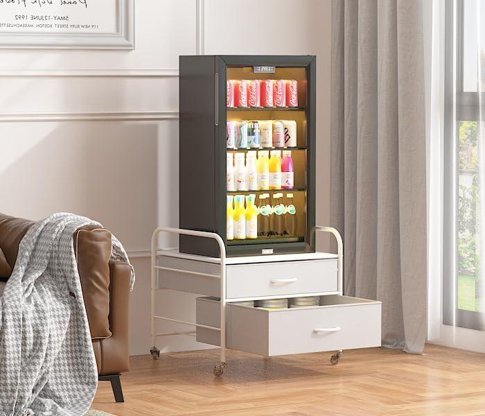 Mini Fridge Stand, Fridge Stand with Storage, 2 Drawer Fridge Cart, Organizer Unit for Mini Fridge, Fridge Stand Table, Mini Fridge Table with Swivel Wheels, White