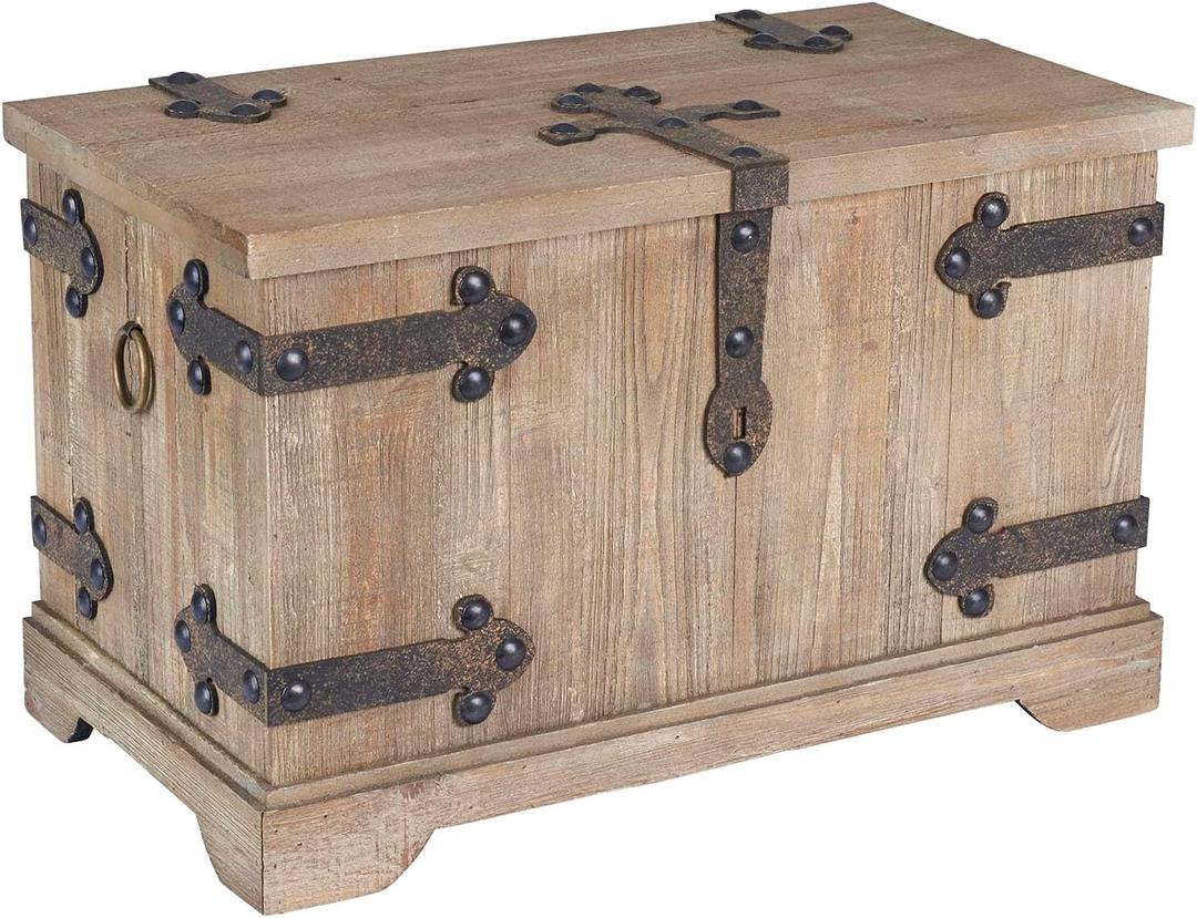Household Essentials Decorative Trunk, Victorian, Small, Chinese Fir Wood, Aged-Wood Finish with Metal Accents, Fully Opening Lid, Stout Design, Ring Handles