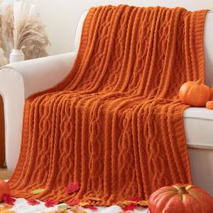 Battilo Burnt Orange Throw Blanket for Couch, 51" x 67", Soft Warm Cozy Chenille Knit Blanket Boho Halloween Blanket Fall Decor, Fall Throw Blanket for Bed, Sofa, Living Room