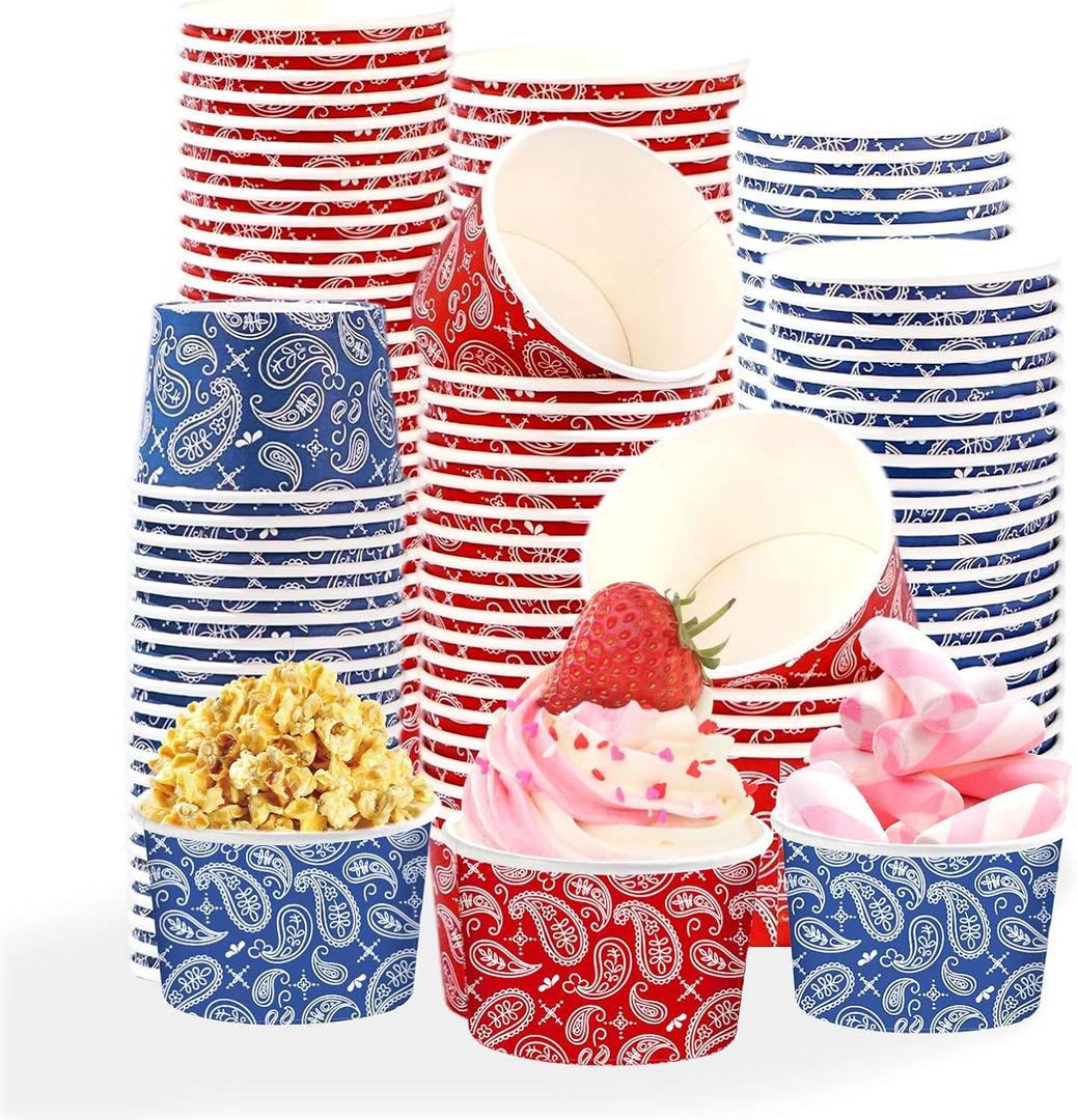120 Pcs Western Cowboy Ice Cream Cups 12 oz Disposable Blue Red Bandana Paper Dessert Snack Bowl Western Bandana Food Yogurt Cup Container for Birthday Bachelorette Holiday Party Supplies