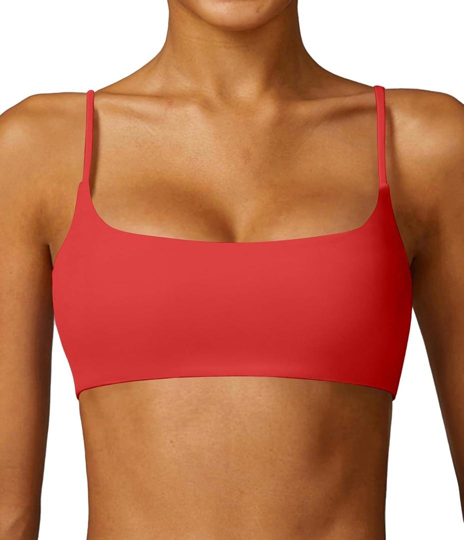 Comper Women's Sports Bra with Thin Straps Stretchy Wirefree Workout Bras Lightweight Workouts Bralette with Removable Pads (Red-S)