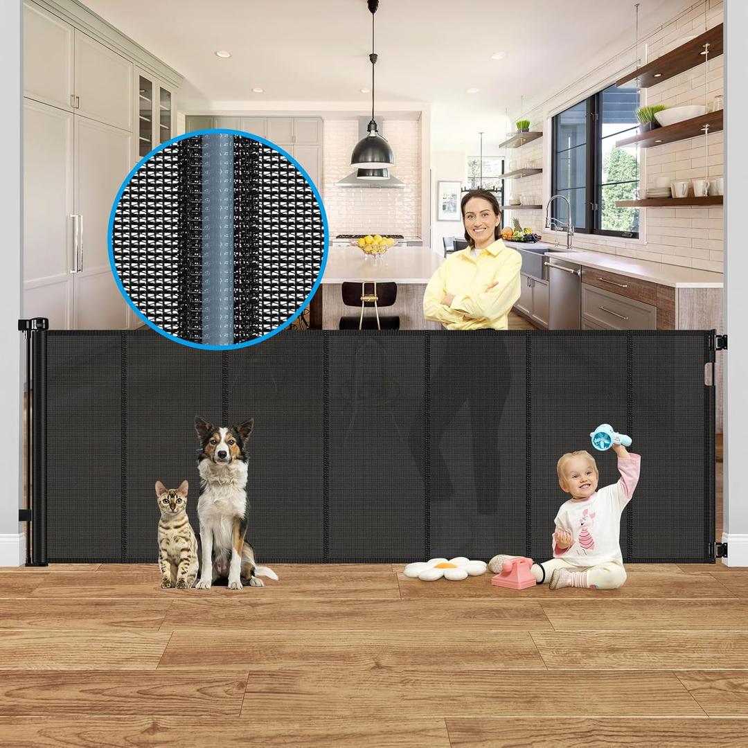 Reinforced 42" Extra Tall X 159" Extra Wide Retractable Pet Gate for Dogs Stop Babies and Pets from Drilling Through Outdoor Retractable Baby Gates Extra Tall Retractable Dog Gate Extra Wide Baby Gate (Black)