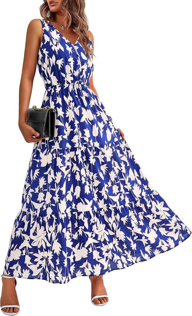 BTFBM Women Summer Dresses Casual Sleeveless Maxi Dresses Cute Floral Long Dress Wedding Guest Dress (Blue, M)