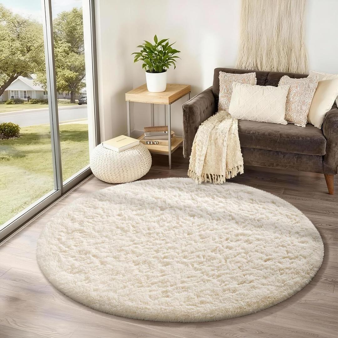 Ophanie Round Rug 4Ft Ivory Circle Area Rugs, Fluffy Fuzzy Small Bedroom Carpet 4 foot, Plush Shag Floor Cream Living Room Christmas Circular Aesthetic Decor for Kids Teen Boys Baby, Nursery,Classroom