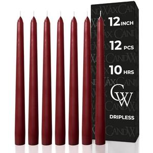CANDWAX 12 inch Burgundy Taper Candle Set of 10 - Unscented Smokeless Dripless Candlesticks - Candle Sticks for Christmas Decorations, Party Décor, Dinner Table Centerpieces - Burgundy Tapers