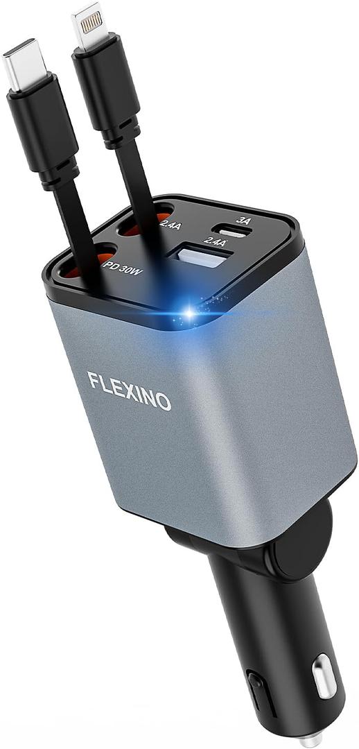 Flexino Retractable Car Charger for iPhone 16, 69W Fast Charging Car Charger USB C, Car Chargers with 2 Retractable Cords 2.6ft, Car Adapter for iPhone 16/15/14/13/12 Series, Galaxy (Grey)