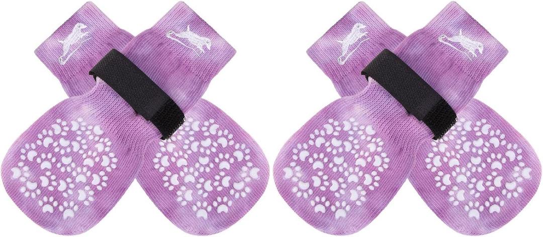 EXPAWLORER Anti Slip Dog Socks to Prevent Licking Paws, Dog Shoes for Hot Pavement, Dog Booties for Senior Dogs, Traction Control Boots & Paw Protectors for Hardwood Floors (Small (4 Count), Purple and White)