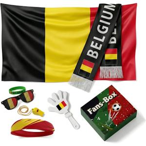 Soccer Fan Gear Set 2026-7 Piece Game Day Kit with Flag, Scarf, Glasses, Whistle, Clapper, Wristband & Headband in Gift Box - Watch Party & Stadium Essentials for for Belgium