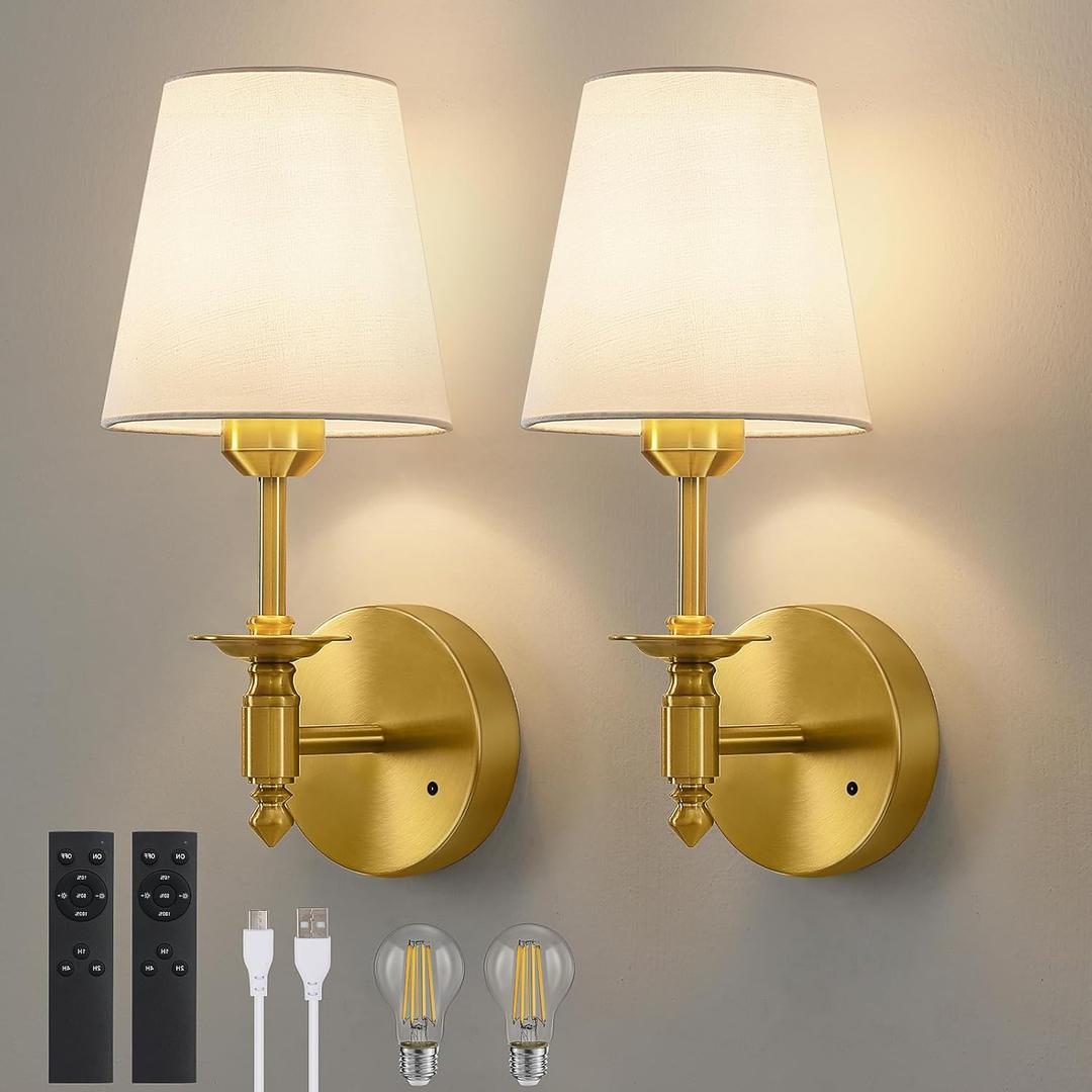 WOSHITU Battery Operated Wall Sconce: Brass Sconces Set of 2 with 2 Remote & 2 Dimmable Bulb Brushed Gold Rechargeable Cordless Sconces Wall Decor Set of Two Wall Light for Bedroom Living Room